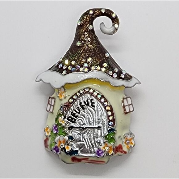 Fairy Elf House Brooch Believe Door Rhinestones & Dripping Oil Finish Forest - Picture 3 of 4